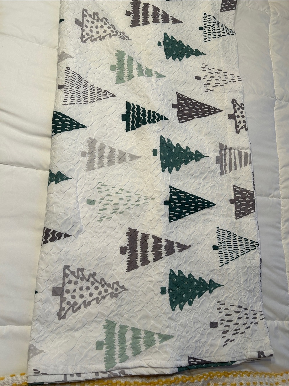 DKNY White Shower Curtain Panel with Green and Gray Tree Motif